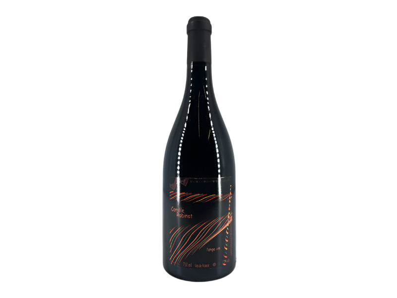 Black wine bottle with a label on a white background