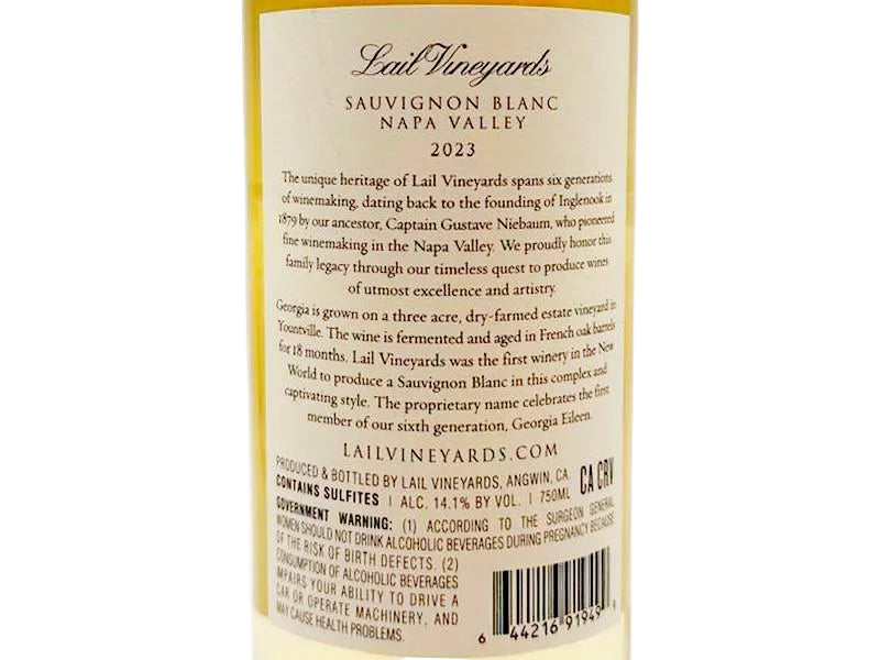 
                  
                    Lail Vineyards Georgia Sauvignon Blanc, Napa Valley 2023 back label
                  
                